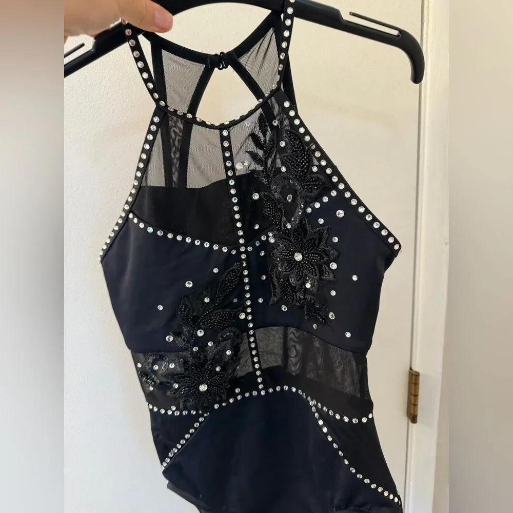 WEISSMAN custom solo Ivy Sky Dance Costume black Crystal Leotard MT10430 XSA